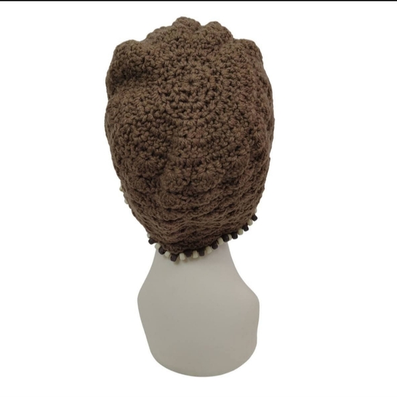 Vintage 80s Brown Crochet Beaded Beanie and Blue Nubby Knitted Beanie Hats 2 - Picture 4 of 6